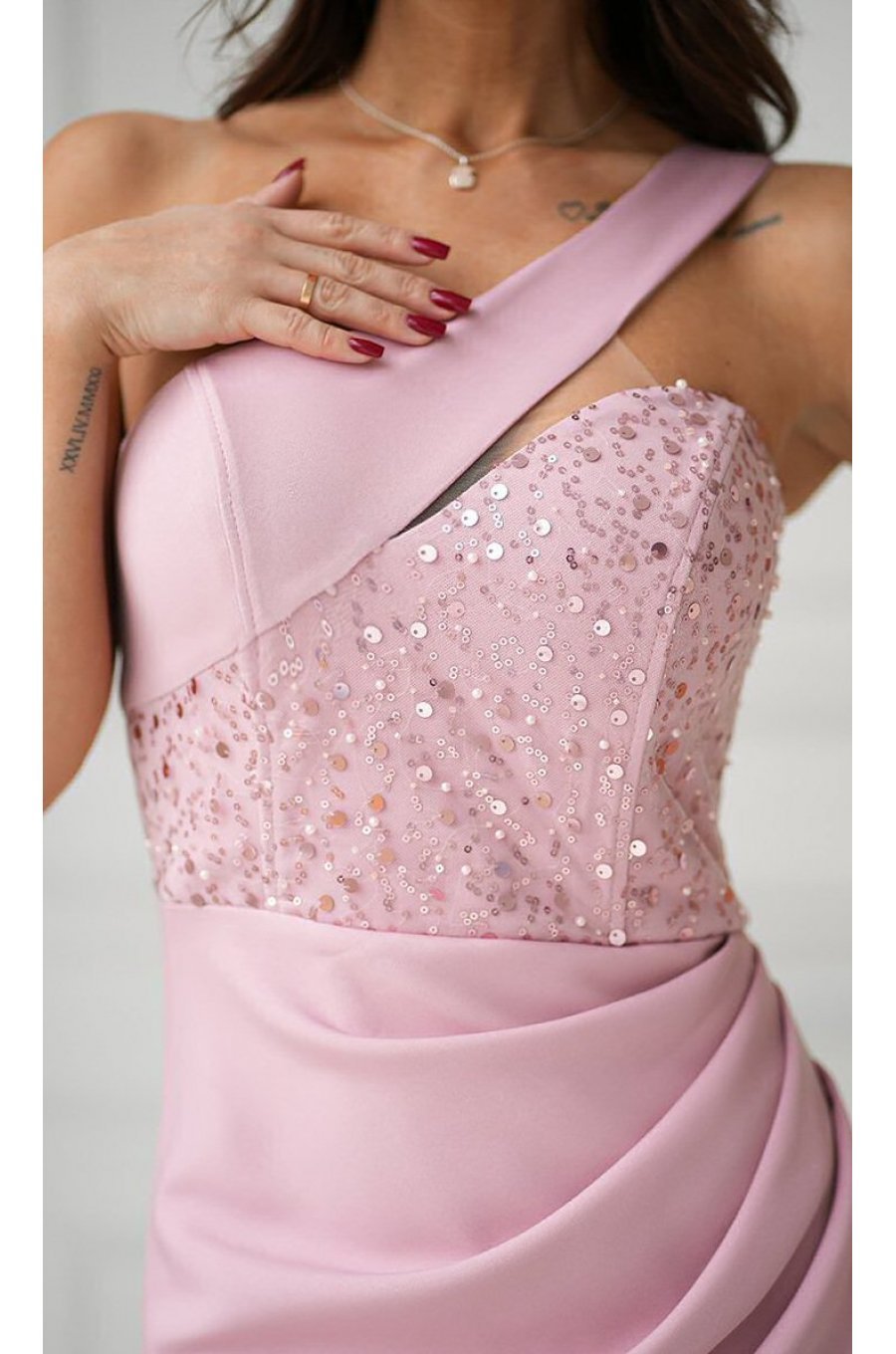 Rochie de ocazie lunga roz pudra cu paiete pe bust Extravaganza 4 - jojofashion.ro