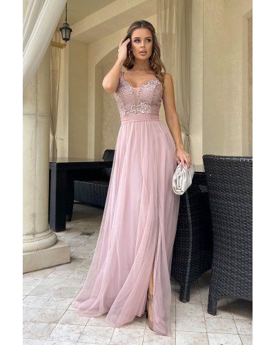 Rochie lunga din tulle si broderie roz pudra Isadora Rochii lungi, Rochie lunga din tulle si broderie roz pudra Isadora - jojofashion.ro