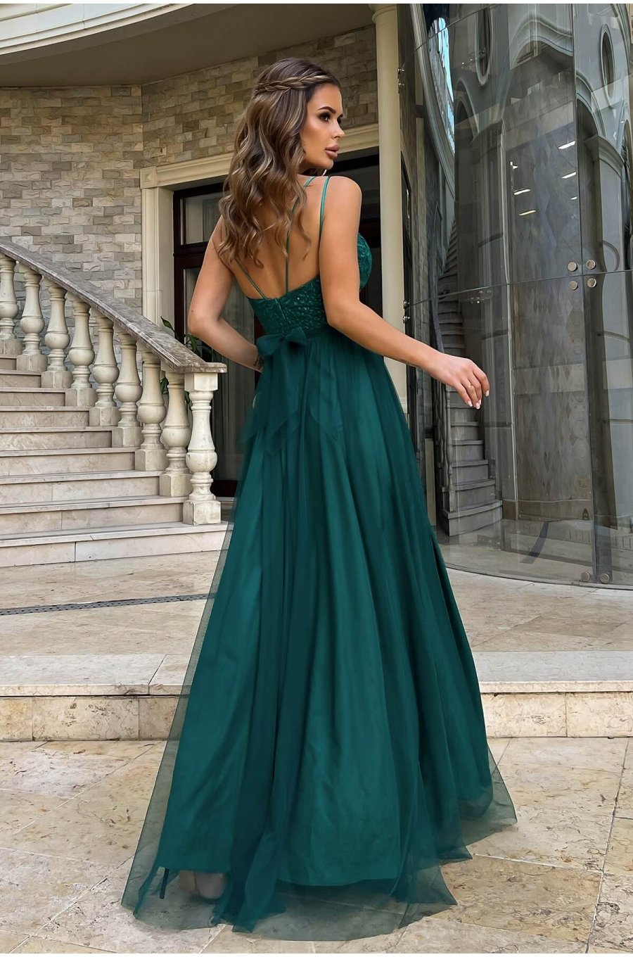 Rochie de ocazie lunga, tulle si dantela, verde, vaporoasa, Isadora 2 - jojofashion.ro