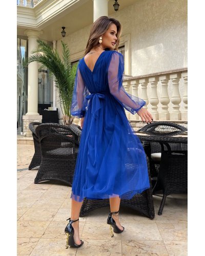 Rochie midi din tul cu glitter albastra evazata cu maneca lunga Petra Rochii de Ocazie Elegante, Rochie midi din tul cu glitter albastra evazata cu maneca lunga Petra - jojofashion.ro