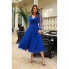 Rochie midi din tul cu glitter albastra evazata cu maneca lunga Petra