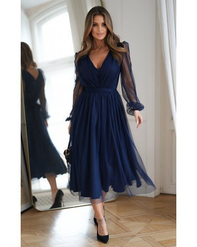 Rochie midi eleganta din tul cu glitter bleumarin evazata cu maneca lunga Petra Rochii de Ocazie Elegante, Rochie midi eleganta din tul cu glitter bleumarin evazata cu maneca lunga Petra - jojofashion.ro