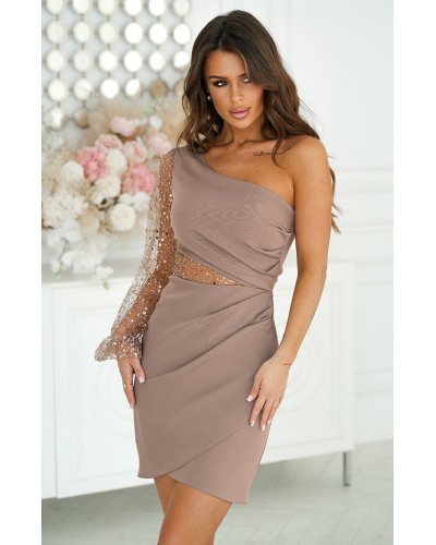 Rochie de ocazie scurta cu paiete cappuccino cu maneca lunga si un umar gol Seduction Rochii scurte, Rochie de ocazie scurta cu paiete cappuccino cu maneca lunga si un umar gol Seduction - jojofashion.ro