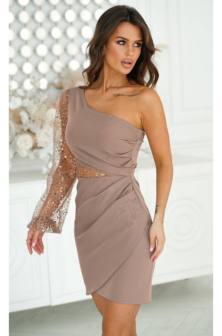 Rochie de ocazie scurta cu paiete cappuccino cu maneca lunga si un umar gol Seduction 4 - jojofashion.ro
