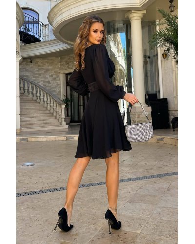 Rochie scurta neagra vaporoasa din vascoza cu maneca lunga Hermosa Rochii de Ocazie Elegante, Rochie scurta neagra vaporoasa din vascoza cu maneca lunga Hermosa - jojofashion.ro