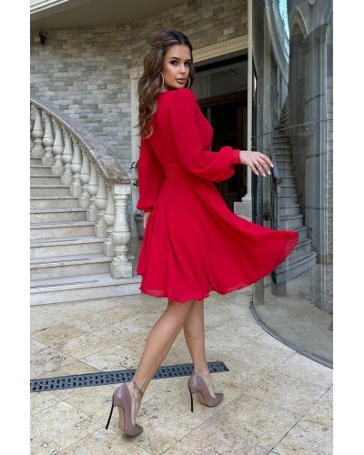 Rochie scurta din vascoza rosie cu maneca lunga vaporoasa Hermosa Rochii scurte, Rochie scurta din vascoza rosie cu maneca lunga vaporoasa Hermosa - jojofashion.ro