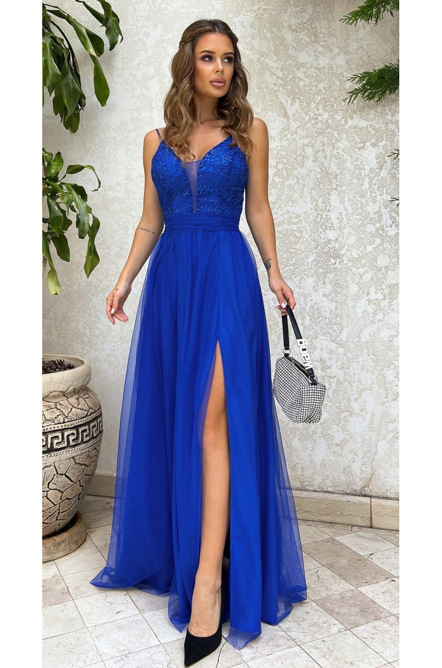 Rochie eleganta lunga albastra din tulle si dantela vaporoasa Isadora 1 - jojofashion.ro