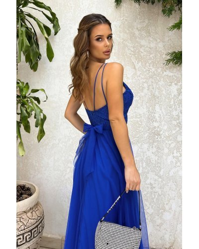 Rochie eleganta lunga albastra din tulle si dantela vaporoasa Isadora Rochii de vara, Rochie eleganta lunga albastra din tulle si dantela vaporoasa Isadora - jojofashion.ro
