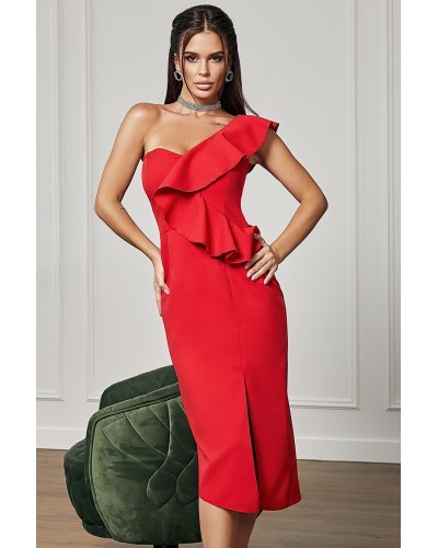 Rochie midi, rosie, mulata, cu volan pe un umar, Celebrity  Rochii de Ocazie Elegante, Rochie midi, rosie, mulata, cu volan pe un umar, Celebrity  - jojofashion.ro