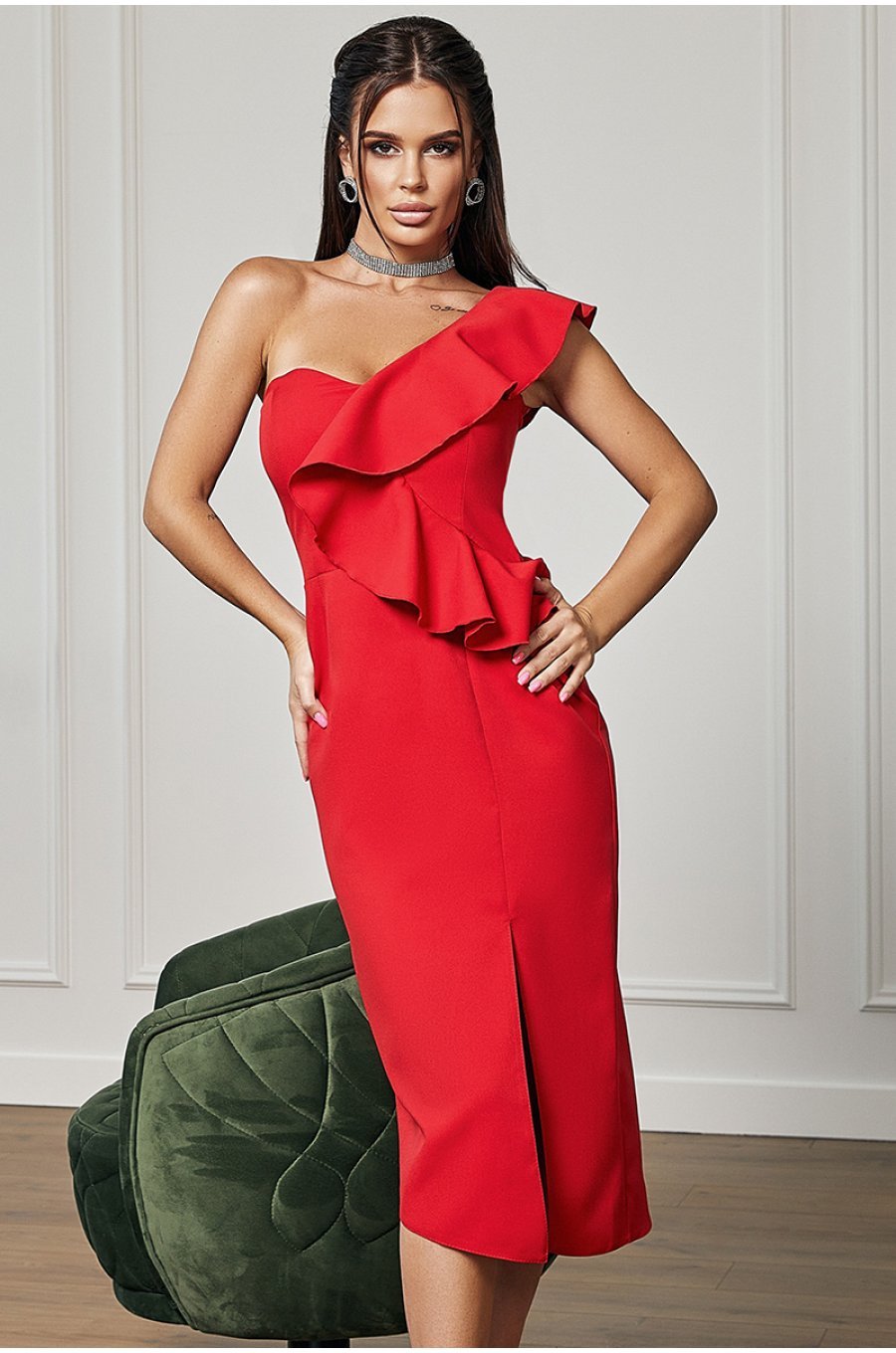Rochie midi, rosie, mulata, cu volan pe un umar, Celebrity  1 - jojofashion.ro