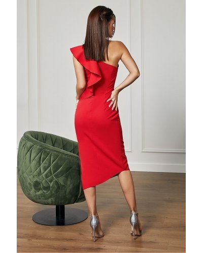 Rochie midi, rosie, mulata, cu volan pe un umar, Celebrity  Rochii de Ocazie Elegante, Rochie midi, rosie, mulata, cu volan pe un umar, Celebrity  - jojofashion.ro