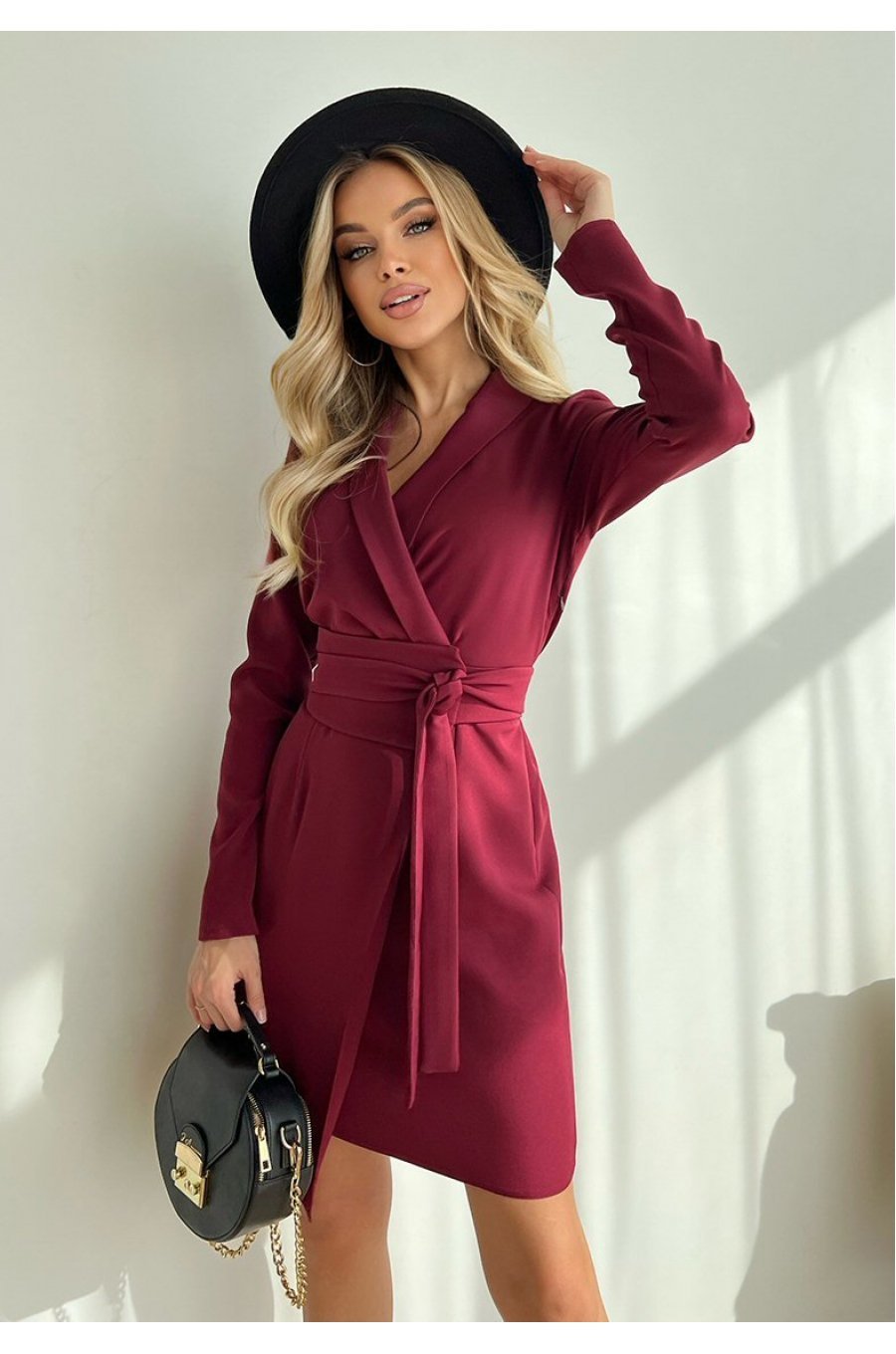 Rochie de zi scurta, burgundy, tip sacou, cu maneca lunga, Liana 1 - jojofashion.ro