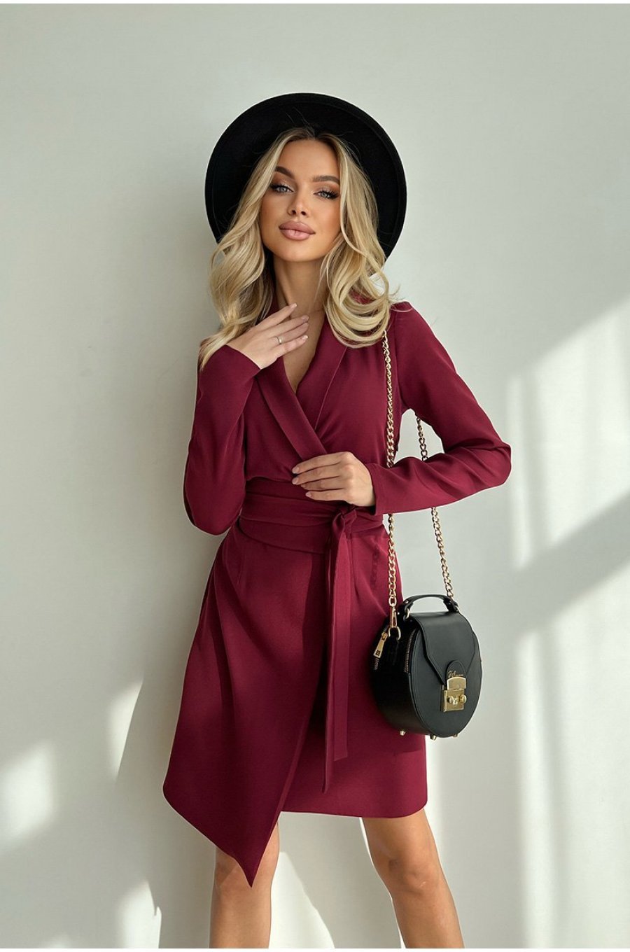 Rochie de zi scurta, burgundy, tip sacou, cu maneca lunga, Liana 6 - jojofashion.ro