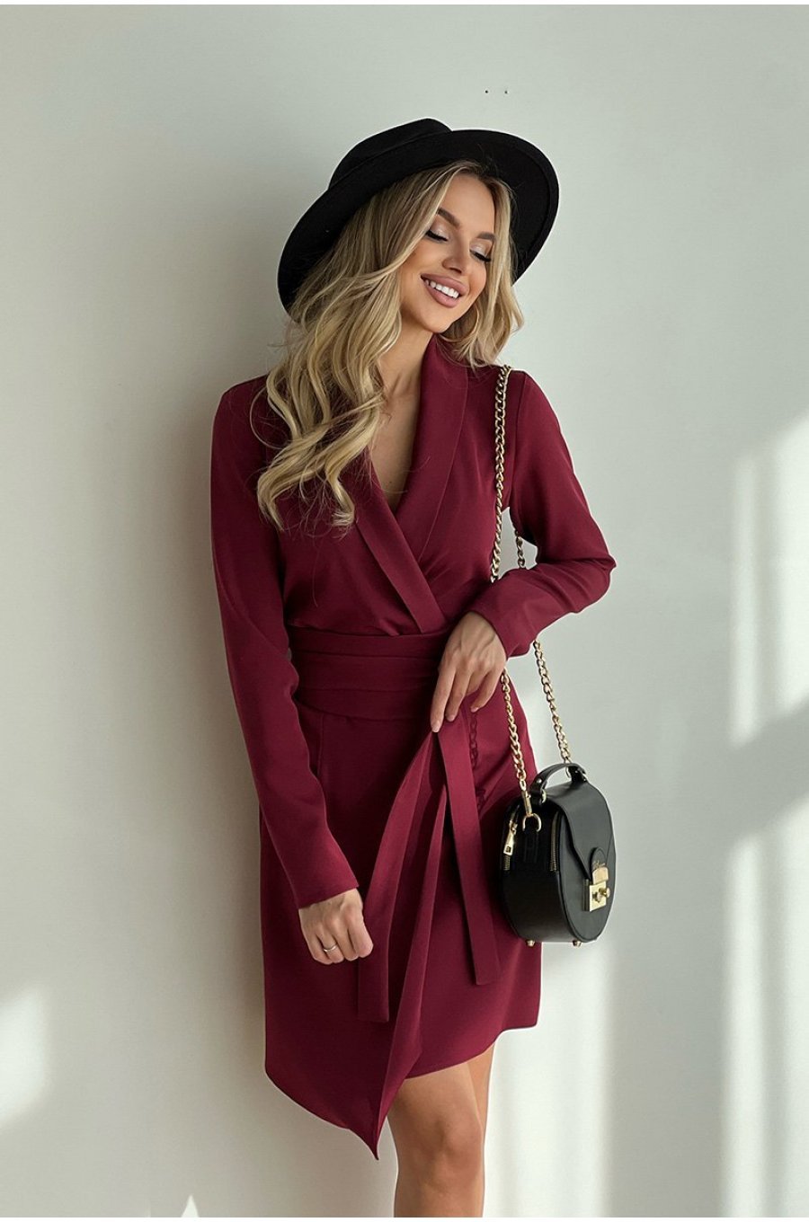 Rochie de zi scurta, burgundy, tip sacou, cu maneca lunga, Liana 8 - jojofashion.ro