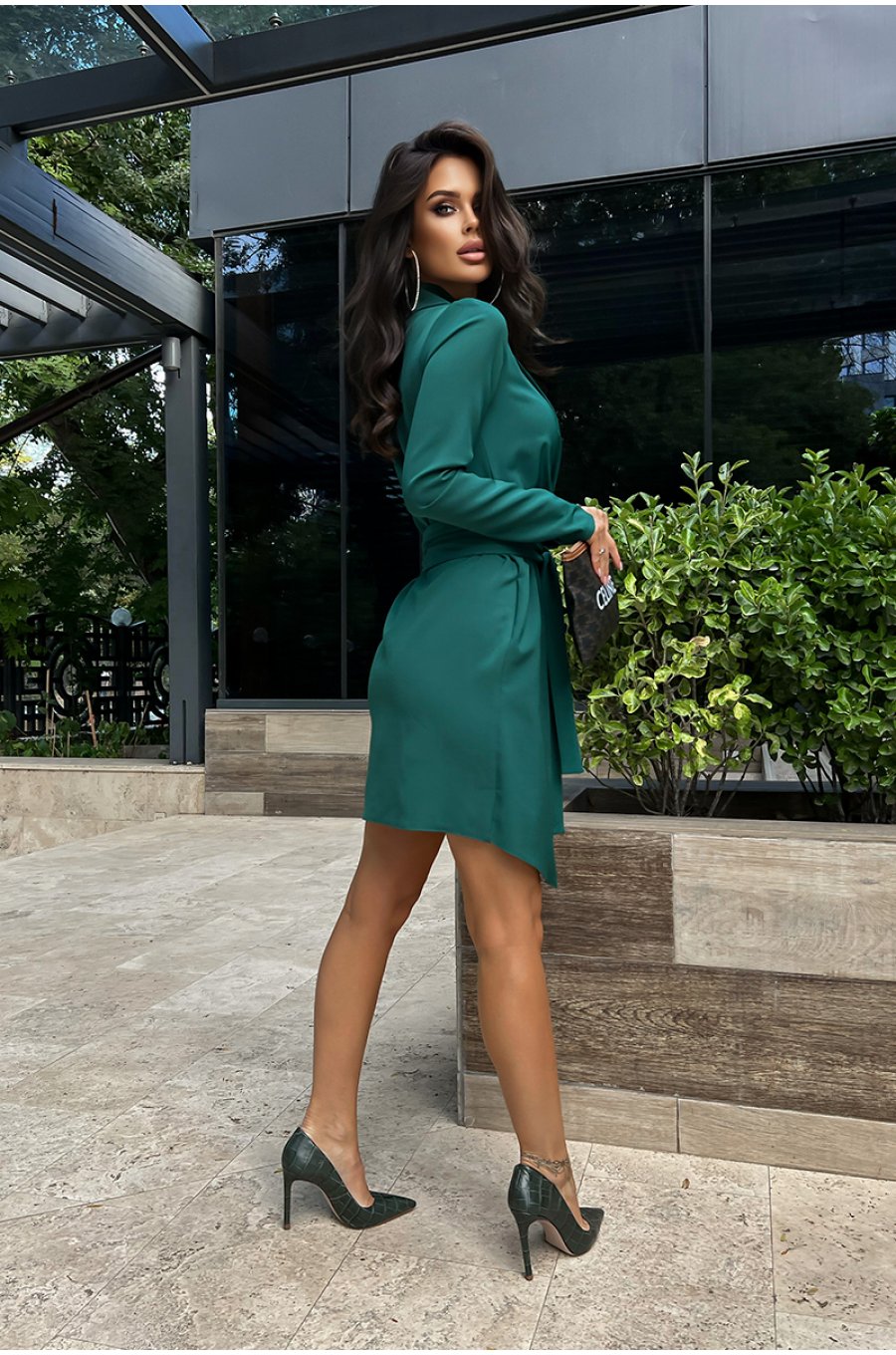 Rochie de zi scurta, turcoaz inchis, tip sacou, cu maneca lunga, Liana 2 - jojofashion.ro