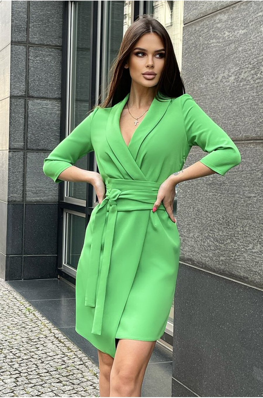 Rochie de zi scurta, verde, tip sacou, cu maneca trei sferturi, Liana 1 - jojofashion.ro