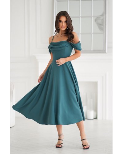 Rochie eleganta midi verde  baby doll  cu umerii goi evazata Anelisa Rochii vaporoase, Rochie eleganta midi verde  baby doll  cu umerii goi evazata Anelisa - jojofashion.ro