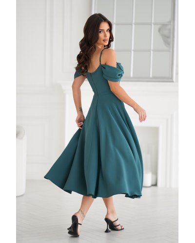 Rochie eleganta midi verde  baby doll  cu umerii goi evazata Anelisa Rochii vaporoase, Rochie eleganta midi verde  baby doll  cu umerii goi evazata Anelisa - jojofashion.ro