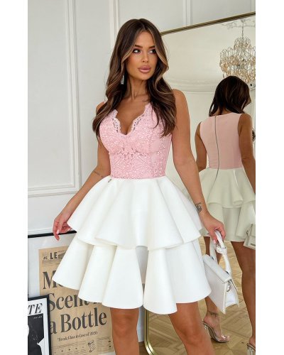 Rochie eleganta baby doll roz pal din dantela cu volane suprapuse Caryne Rochie eleganta baby doll roz pal din dantela cu volane suprapuse Caryne - jojofashion.ro