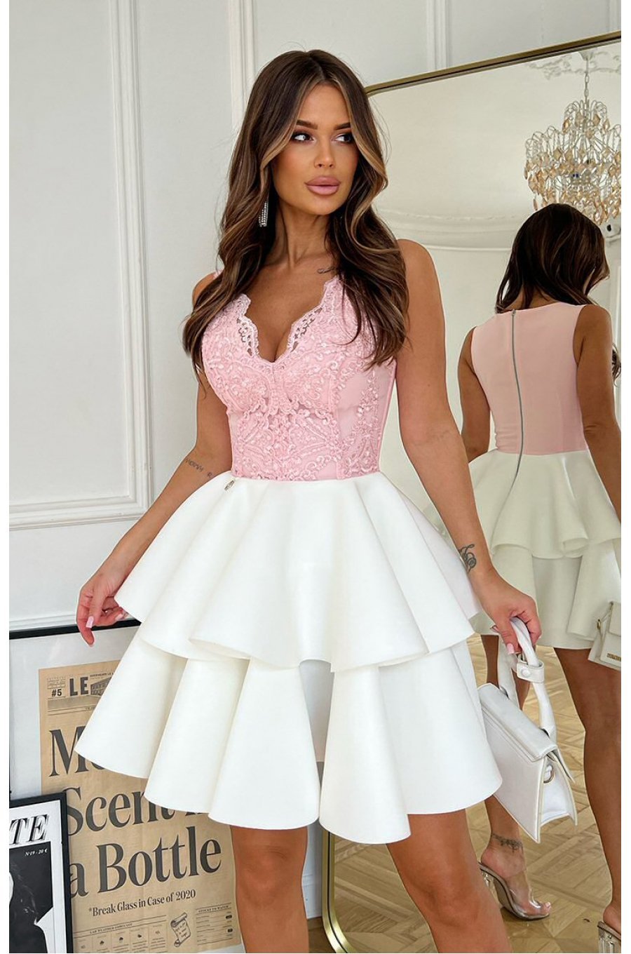 Rochie eleganta baby doll scurta, cu dantela roz pal, cu volane suprapuse, Caryne 1 - jojofashion.ro