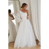 Rochie eleganta de bal, lunga, din tulle si dantela alba, cu un umar gol si maneca lunga, Azelle