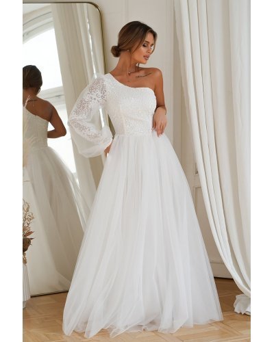 Rochie eleganta de bal, lunga, din tulle si dantela alba, cu un umar gol si maneca lunga, Azelle Rochii lungi, Rochie eleganta de bal, lunga, din tulle si dantela alba, cu un umar gol si maneca lunga, Azelle - jojofashion.ro