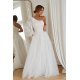Rochie eleganta de bal, lunga, din tulle si dantela alba, cu un umar gol si maneca lunga, Azelle 2 - jojofashion.ro