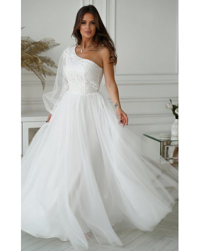Rochie eleganta de bal, lunga, din tulle si dantela alba, cu un umar gol si maneca lunga, Azelle Rochii lungi, Rochie eleganta de bal, lunga, din tulle si dantela alba, cu un umar gol si maneca lunga, Azelle - jojofashion.ro