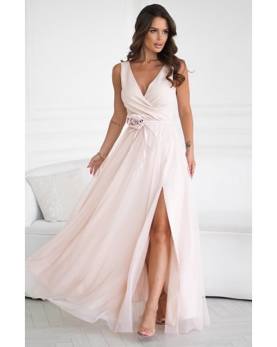 Rochie lunga eleganta bej din tulle vaporoasa cu floare decorativa Dyandra Rochii lungi, Rochie lunga eleganta bej din tulle vaporoasa cu floare decorativa Dyandra - jojofashion.ro