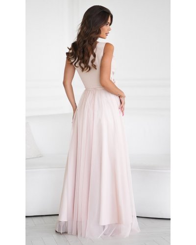 Rochie lunga eleganta bej din tulle vaporoasa cu floare decorativa Dyandra Rochii lungi, Rochie lunga eleganta bej din tulle vaporoasa cu floare decorativa Dyandra - jojofashion.ro