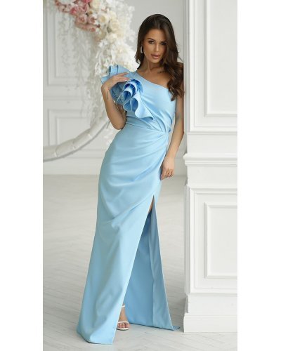 Rochie eleganta, lunga, bleu, cu un umar gol, volan si pene, Reyna Rochii de Ocazie Elegante, Rochie eleganta, lunga, bleu, cu un umar gol, volan si pene, Reyna - jojofashion.ro