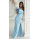Rochie eleganta, lunga, bleu, cu un umar gol, volan si pene, Reyna 2 - jojofashion.ro