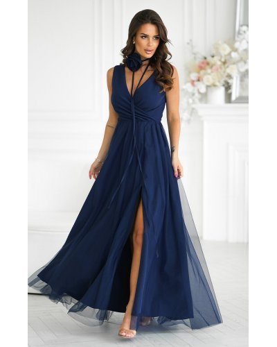 Rochie eleganta lunga bleumarin vaporoasa din tulle cu floare decorativa Dyandra Rochii, Rochie eleganta lunga bleumarin vaporoasa din tulle cu floare decorativa Dyandra - jojofashion.ro