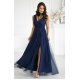 Rochie eleganta lunga bleumarin vaporoasa din tulle cu floare decorativa Dyandra 2 - jojofashion.ro