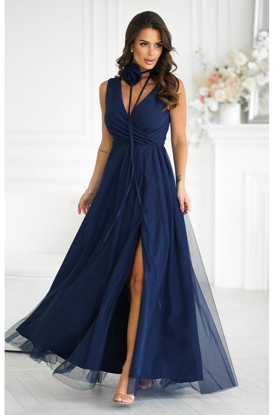 Rochie eleganta lunga bleumarin vaporoasa din tulle cu floare decorativa Dyandra 1 - jojofashion.ro