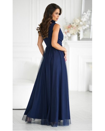 Rochie eleganta lunga bleumarin vaporoasa din tulle cu floare decorativa Dyandra Rochii, Rochie eleganta lunga bleumarin vaporoasa din tulle cu floare decorativa Dyandra - jojofashion.ro