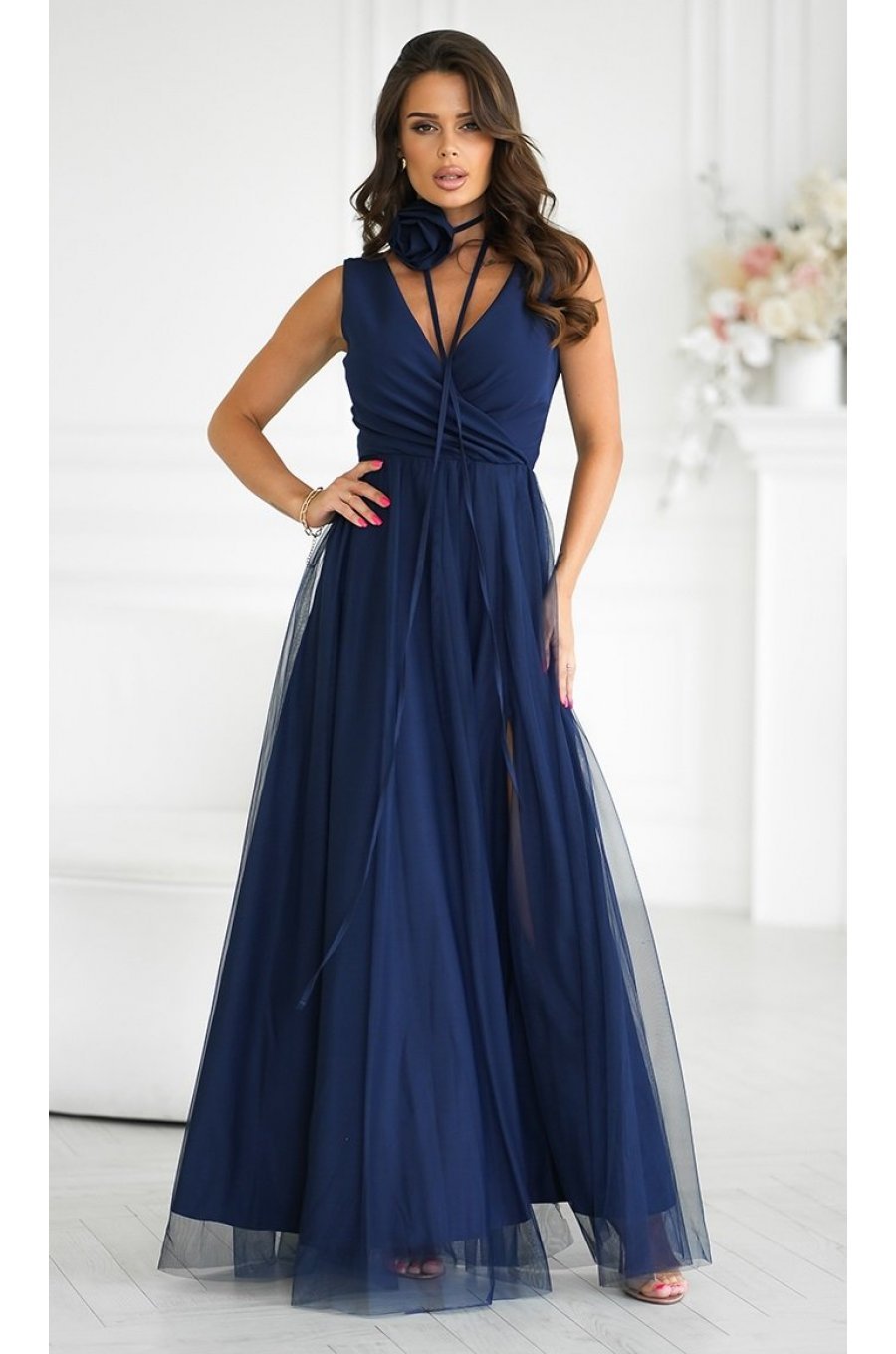 Rochie eleganta lunga bleumarin vaporoasa din tulle cu floare decorativa Dyandra 3 - jojofashion.ro