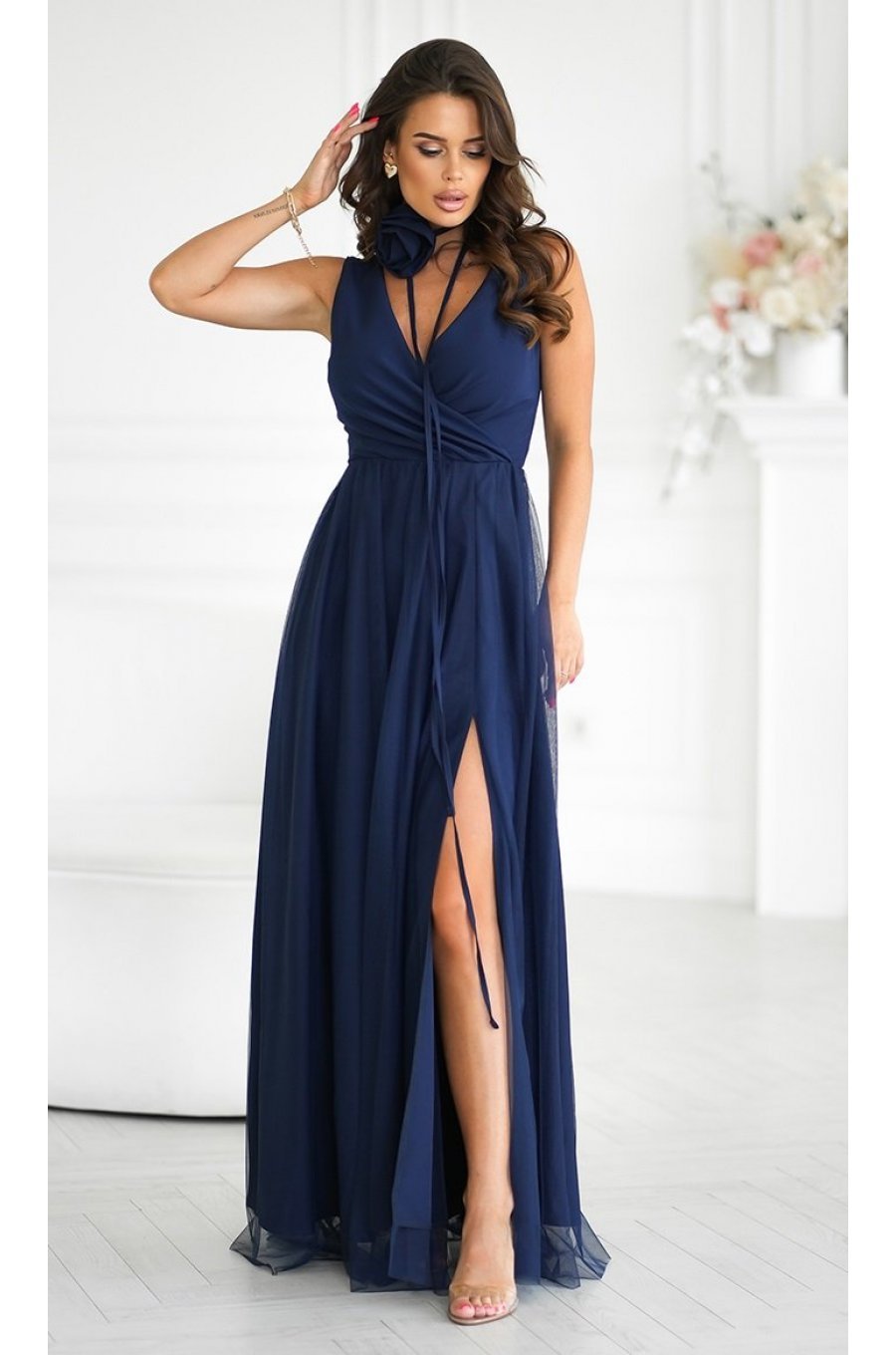 Rochie eleganta lunga bleumarin vaporoasa din tulle cu floare decorativa Dyandra 4 - jojofashion.ro