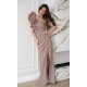 Rochie eleganta lunga cappuccino cu un umar gol cu volan si pene Reyna 2 - jojofashion.ro