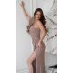 Rochie eleganta lunga cappuccino cu un umar gol cu volan si pene Reyna 3 - jojofashion.ro