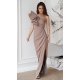 Rochie eleganta lunga cappuccino cu un umar gol cu volan si pene Reyna 4 - jojofashion.ro