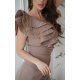 Rochie eleganta lunga cappuccino cu un umar gol cu volan si pene Reyna 6 - jojofashion.ro