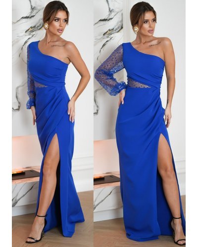 Rochie eleganta lunga, cu paiete, albastra, cu maneca lunga si un umar gol, Temptation Rochii lungi, Rochie eleganta lunga, cu paiete, albastra, cu maneca lunga si un umar gol, Temptation - jojofashion.ro