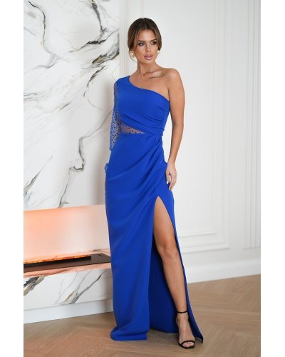 Rochie eleganta lunga, cu paiete, albastra, cu maneca lunga si un umar gol, Temptation Rochii lungi, Rochie eleganta lunga, cu paiete, albastra, cu maneca lunga si un umar gol, Temptation - jojofashion.ro