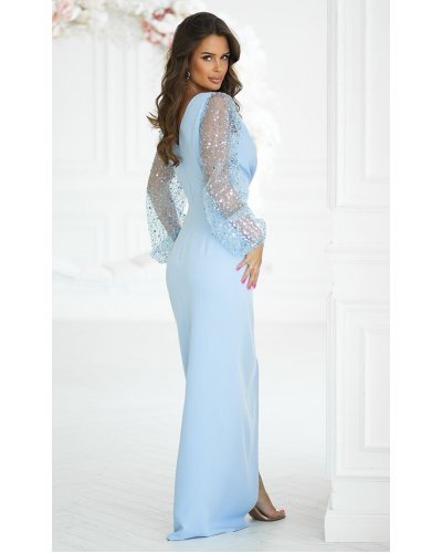 Rochie eleganta lunga cu paiete baby blue cu maneca lunga petrecuta Deluxe Rochii, Rochie eleganta lunga cu paiete baby blue cu maneca lunga petrecuta Deluxe - jojofashion.ro