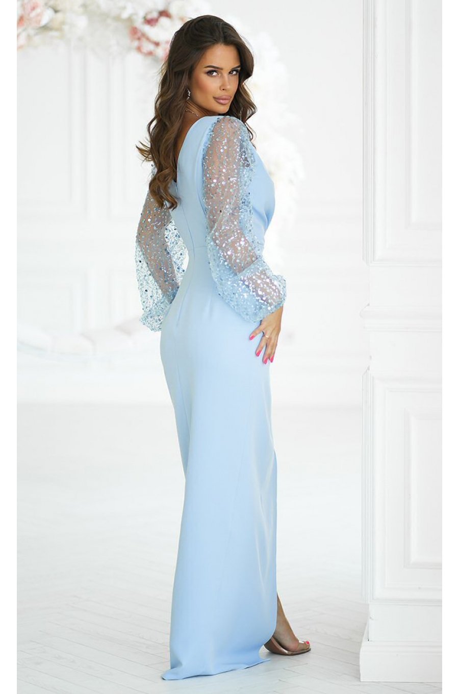 Rochie eleganta lunga cu paiete baby blue cu maneca lunga petrecuta Deluxe 2 - jojofashion.ro
