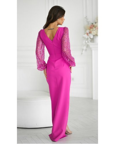 Rochie eleganta lunga cu paiete roz fucsia cu maneca lunga petrecuta Deluxe Rochii, Rochie eleganta lunga cu paiete roz fucsia cu maneca lunga petrecuta Deluxe - jojofashion.ro
