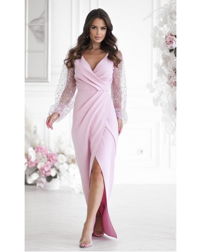 Rochie eleganta lunga cu paiete roz pastel cu maneca lunga petrecuta Deluxe Rochii, Rochie eleganta lunga cu paiete roz pastel cu maneca lunga petrecuta Deluxe - jojofashion.ro