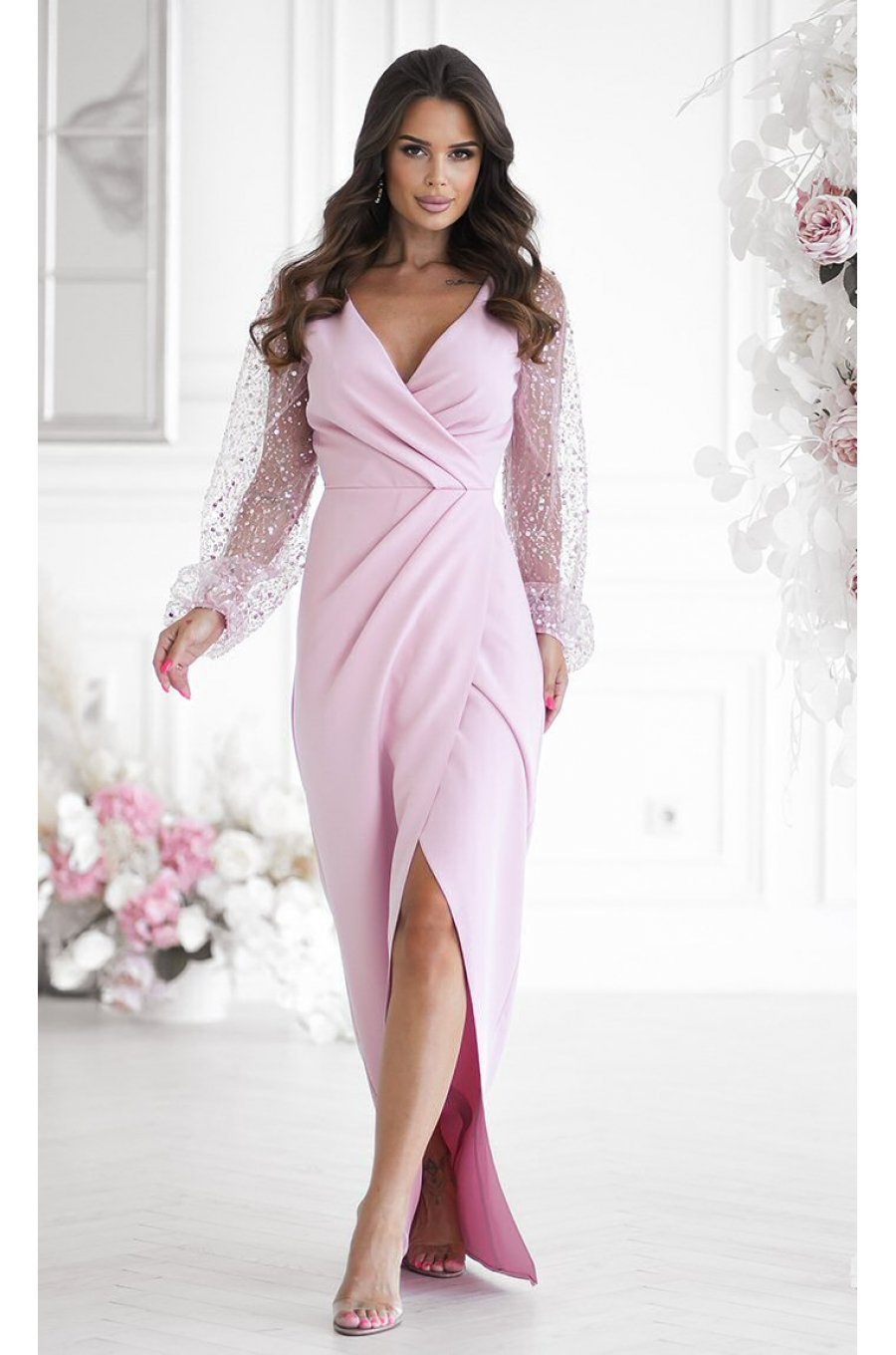 Rochie eleganta lunga cu paiete roz pastel cu maneca lunga petrecuta Deluxe 1 - jojofashion.ro