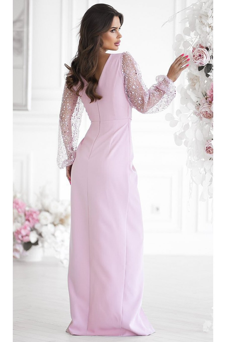 Rochie eleganta lunga cu paiete roz pastel cu maneca lunga petrecuta Deluxe 2 - jojofashion.ro